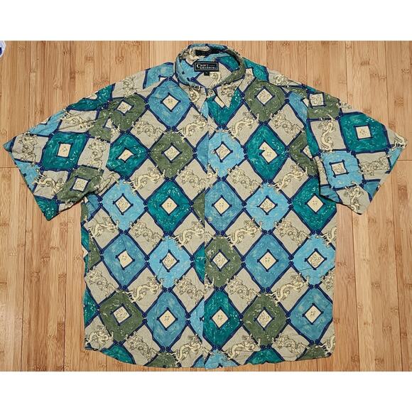 Vintage Hawaiian Shirt Mens XXL Geometric Dragon Short Sleeve Button Frame Rayon - Picture 1 of 7